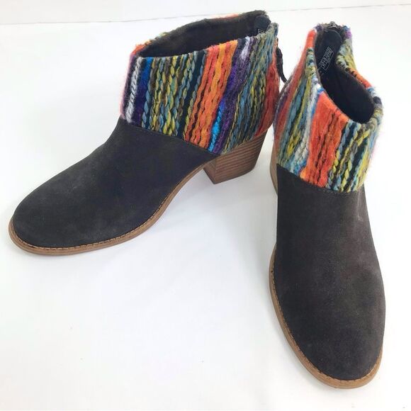Toms LEILA Chocolate Suede Leather Colorful Textile Zip Back Heeled Ankle Boots - Picture 4 of 13